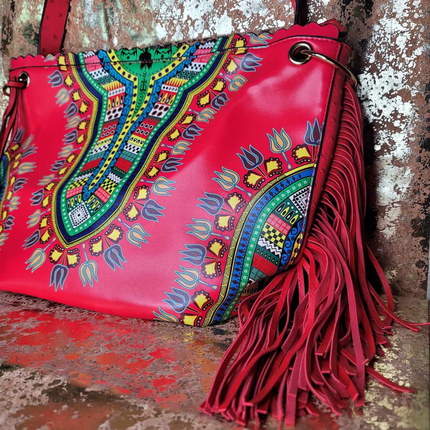 Red Dashiki Fringed ToteBag