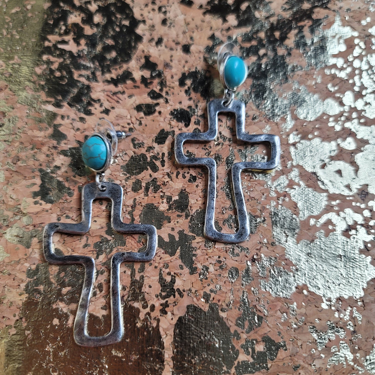 Silver Cross with Turquoise Stoned Earrings
