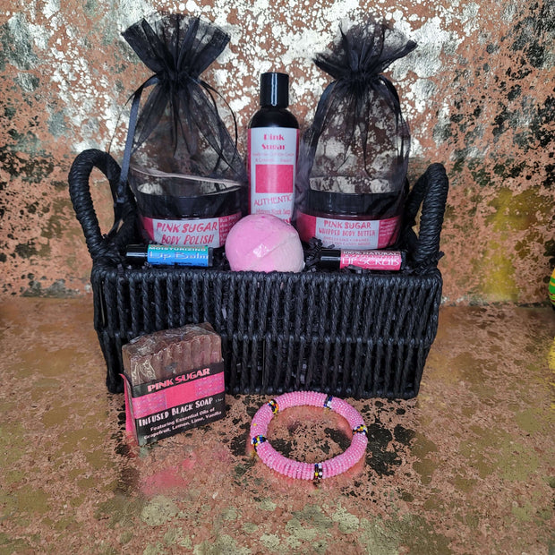Pink Sugar Gift Basket with Beaded African Bracelet