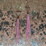 Pink Leather Tassle Earrings with Chained Wooden Triangles