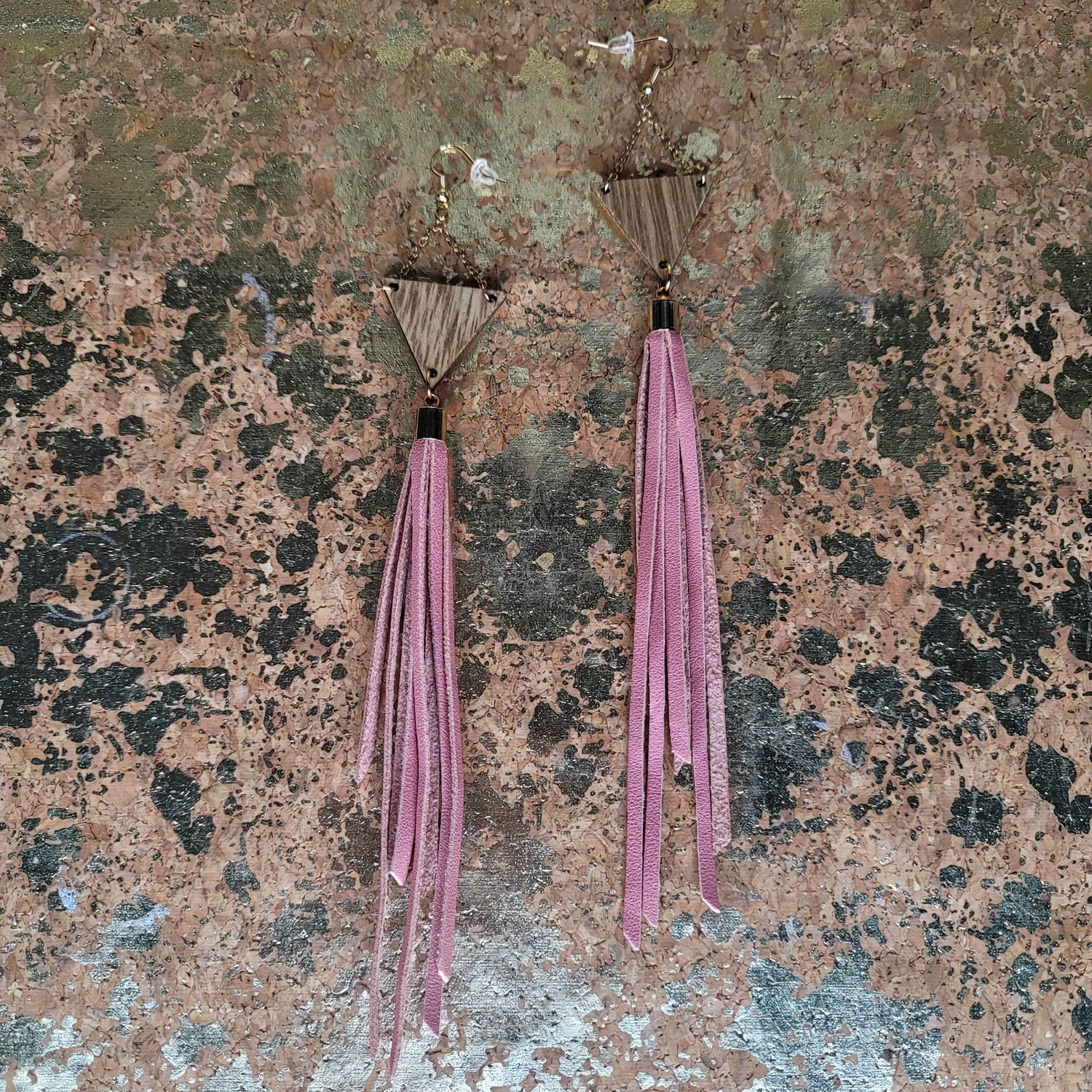 Pink Leather Tassle Earrings with Chained Wooden Triangles