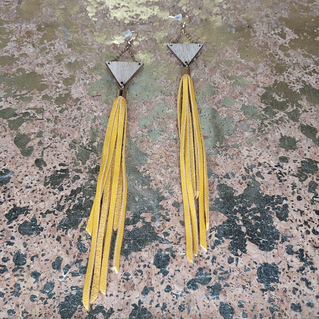 Yellow Leather Tassle Earrings with Chained Wooden Triangles