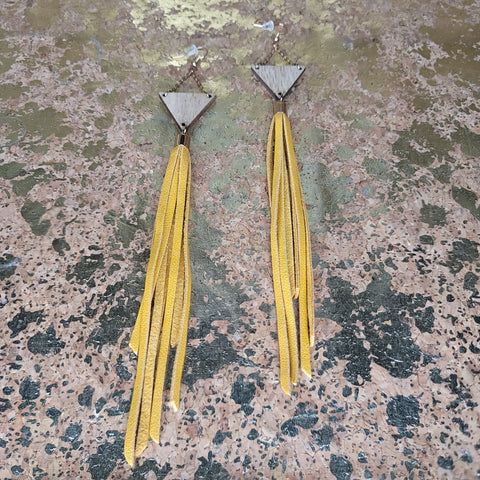 Yellow Leather Tassle Earrings with Chained Wooden Triangles