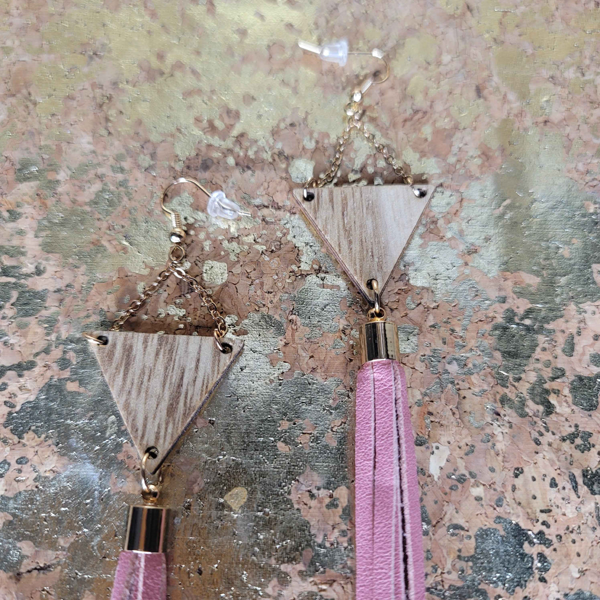 Pink Leather Tassle Earrings with Chained Wooden Triangles