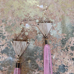 Pink Leather Tassle Earrings with Chained Wooden Triangles