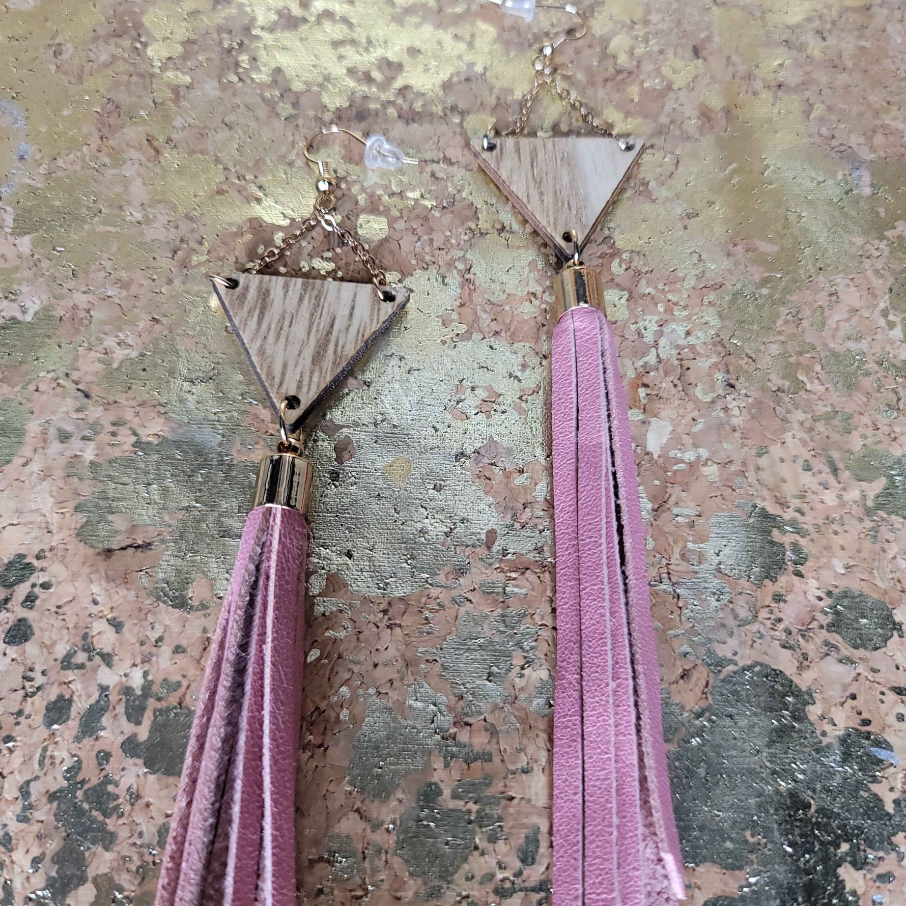 Pink Leather Tassle Earrings with Chained Wooden Triangles
