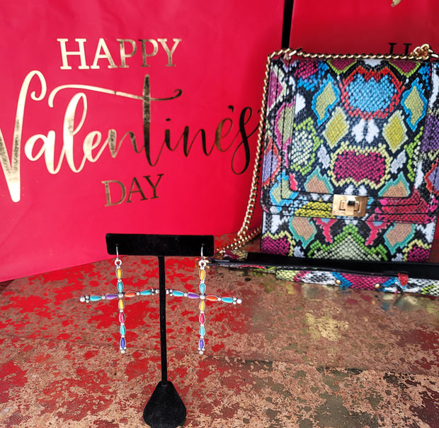 Faux Snake-skinned Bag & MultiColor Cross Earring Valentine Gift Set