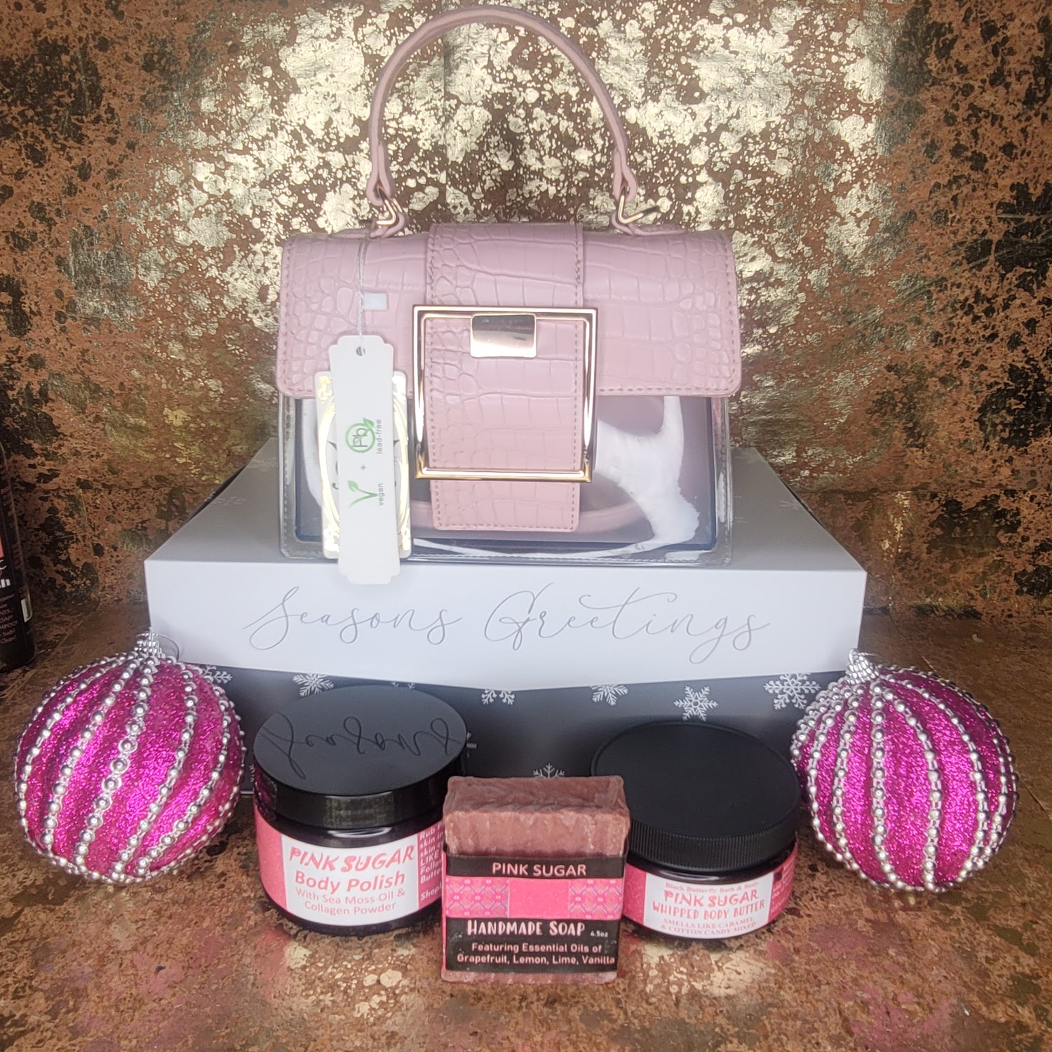 Pink Sugar Bath & Body Holiday Trio Gift Set paired with Pink Clear Buckle Bag