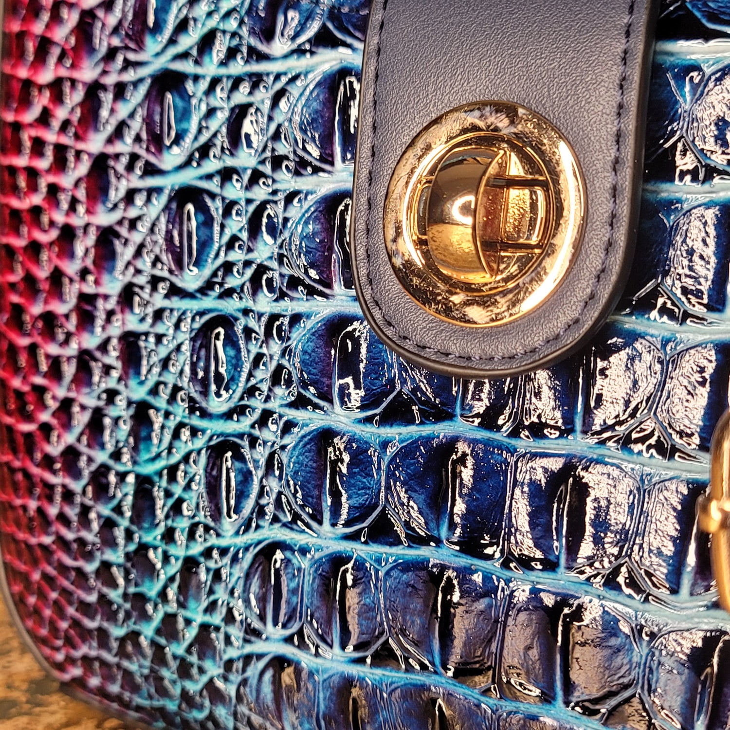 Croc-Embossed Blue & Maroon Crossbody Bag