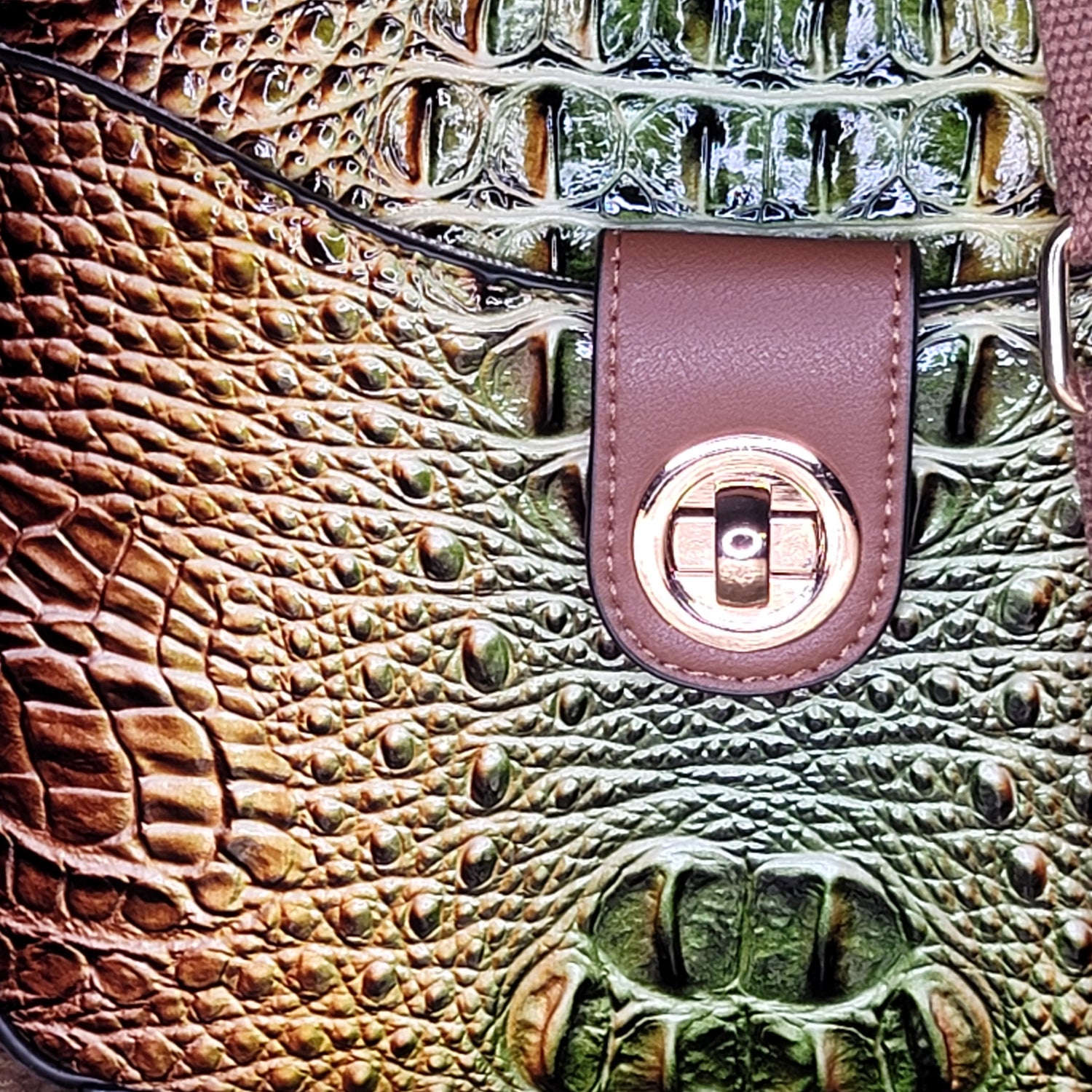 Croc-Embossed Olive & Caramel Crossbody Bag