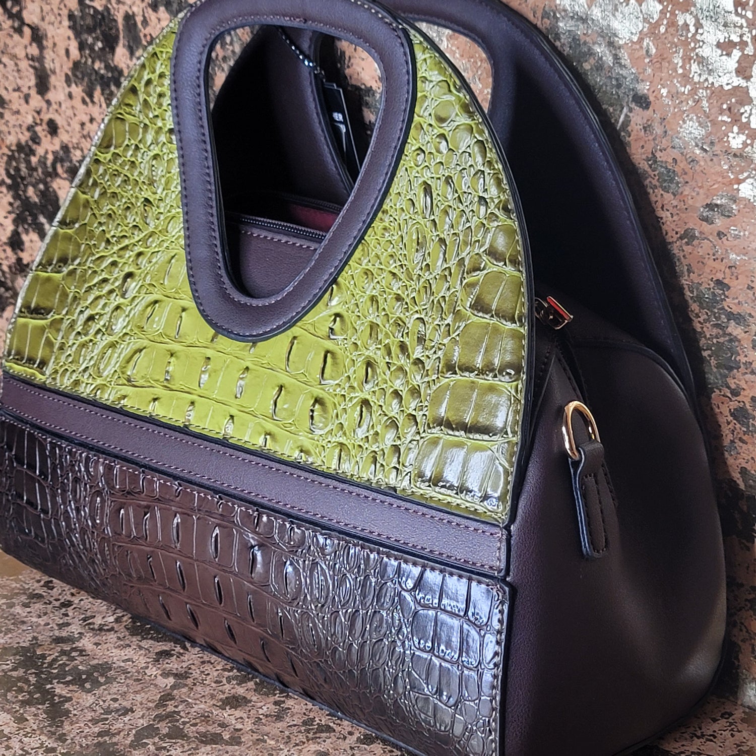 Croc-Textured Olive & Espresso Top Handle Crossbody Bag
