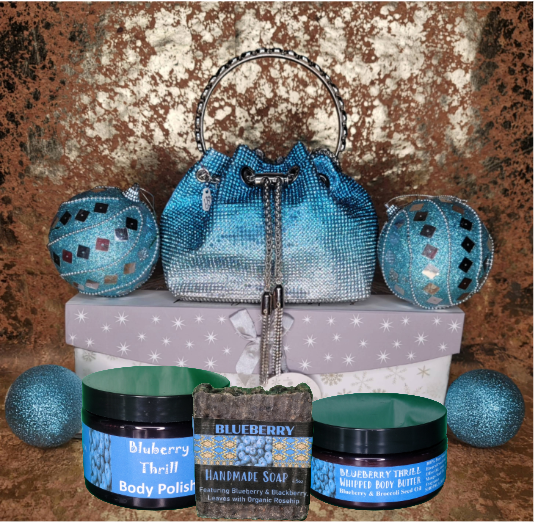 Blueberry Thrill Bath & Body Holiday Trio Gift Set paired with Blue Bling Bag