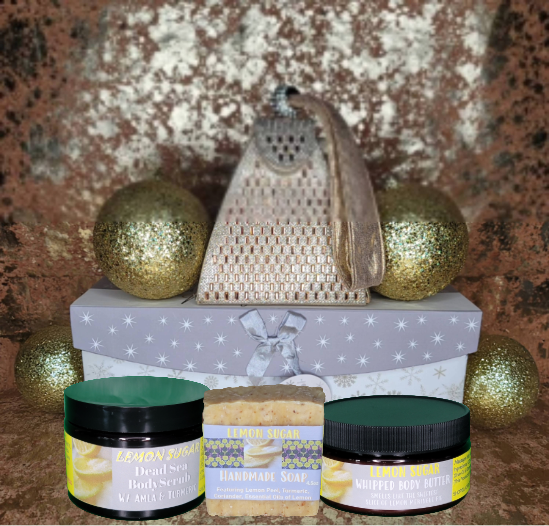 Lemon Sugar Bath & Body Holiday Trio Gift Set paired with Golden Pyramid Wristlet Bag