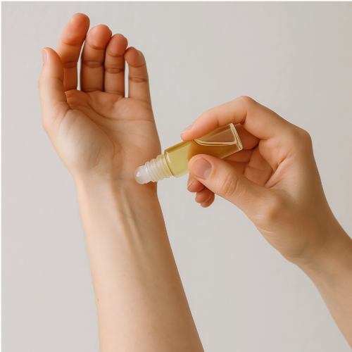 Hand applying a small bottle of oil to another hand against a neutral background