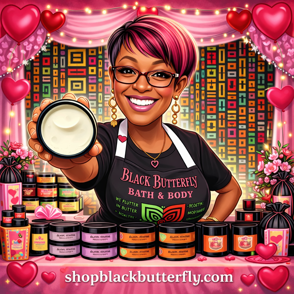 Woman holding a product with 'Black Butterfly Bath & Body' branding, surrounded by various products and decorative elements.