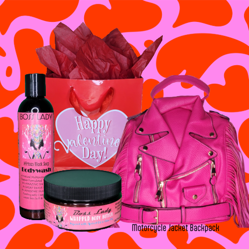 Boss Lady Duet Valentine Gift Set with Pink Fringe Motorcycle Jacket Backpack