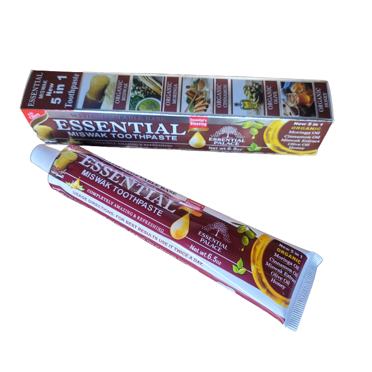 Essential Miswak Toothpaste packaging with a tube