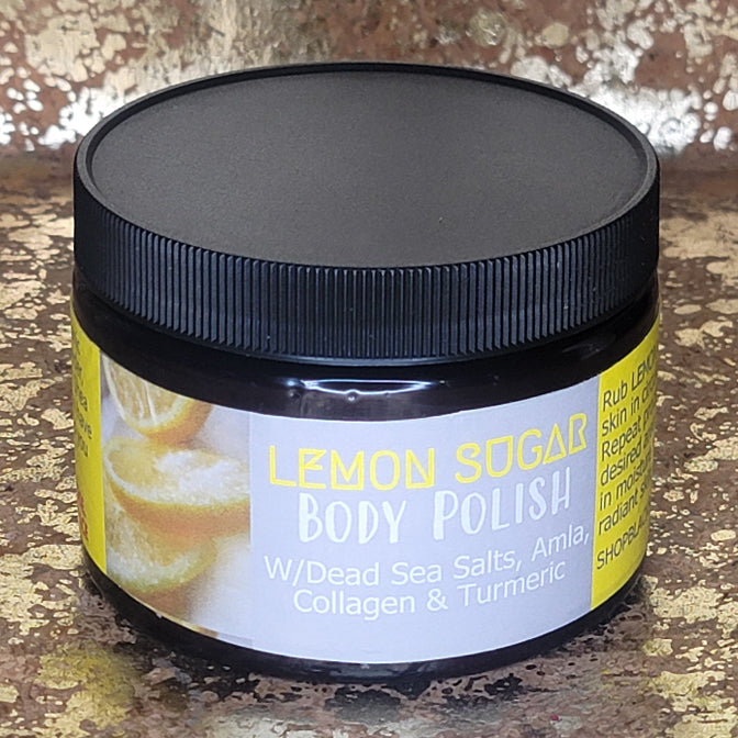 Jar of lemon sugar body polish at Black Butterfly Bath & Body