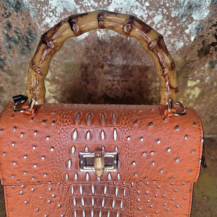 Orange Faux Croc Bag with Gold Accents & Extension Strap-Handle View
