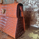 Orange Faux Croc Bag with Gold Accents & Extension Strap-Side View