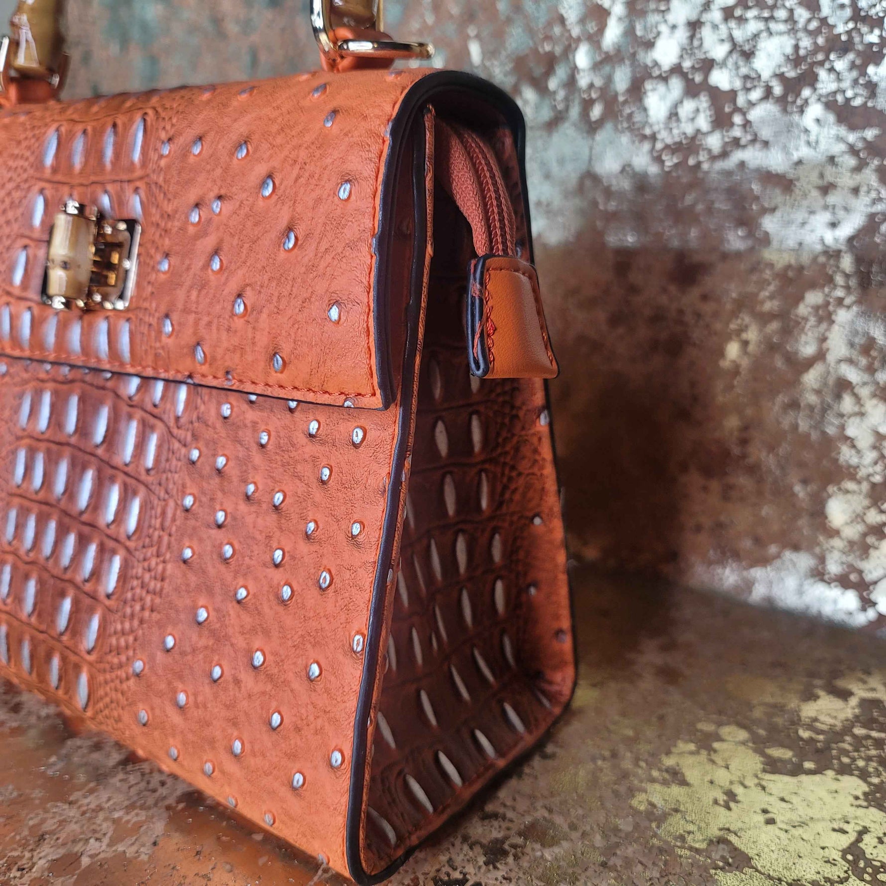 Orange Faux Croc Bag with Gold Accents & Extension Strap-Side View
