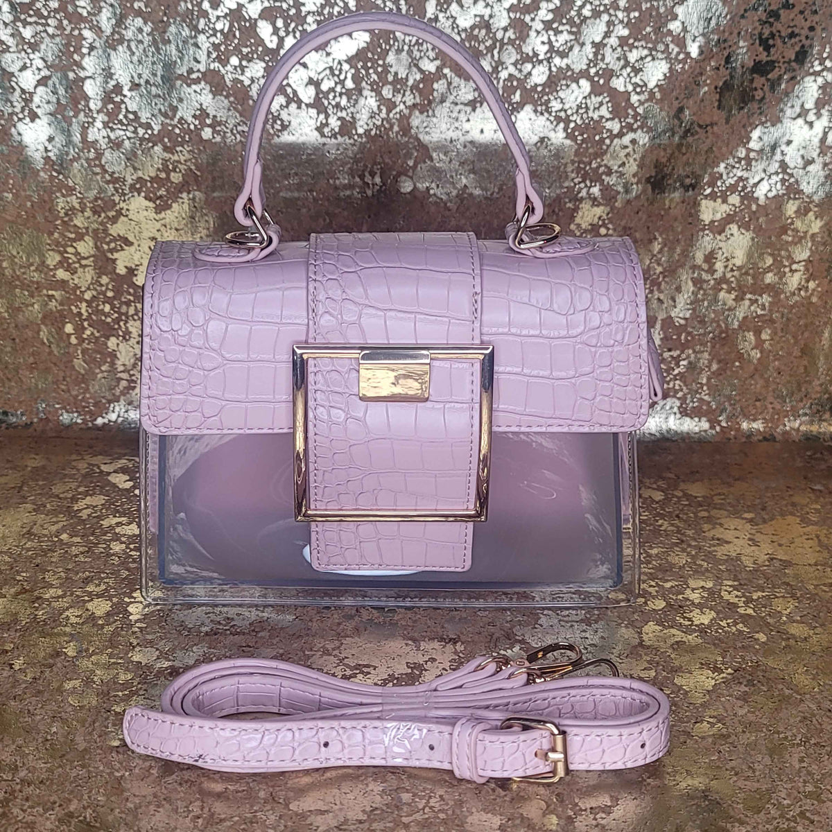 Pink Clear Big Buckle Bag with Extension Strap-Full View