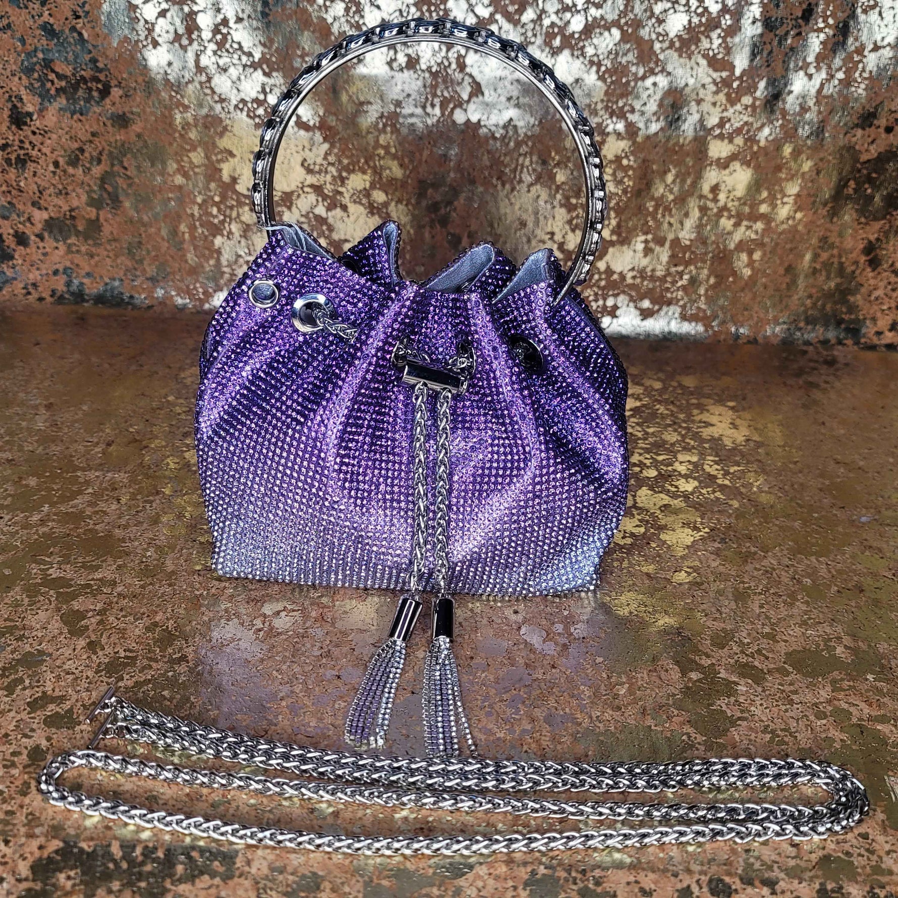Purple Blinged Drawstring Bag-Extension Chain View