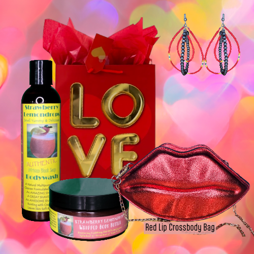 Strawberry Lemondrop Valentine Gift Set with Red Lip Crossbody Bag & Red Beaded Earrings
