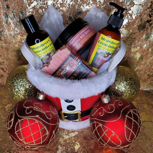 Strawberry Lemondrops 4pc Holiday Gift Set In Santa Belly Basket