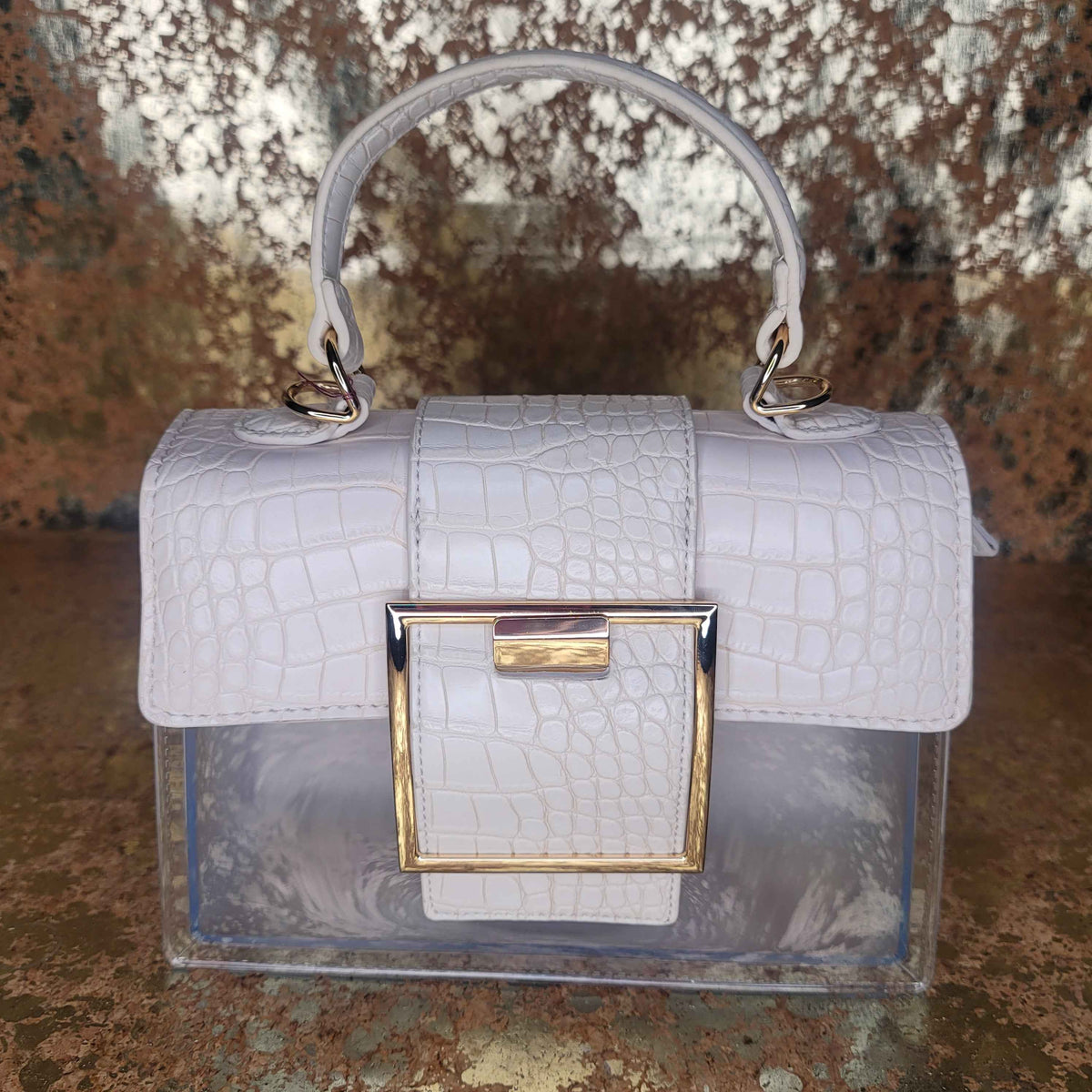 White Clear Big Buckle Bag with Extension Strap-Front view