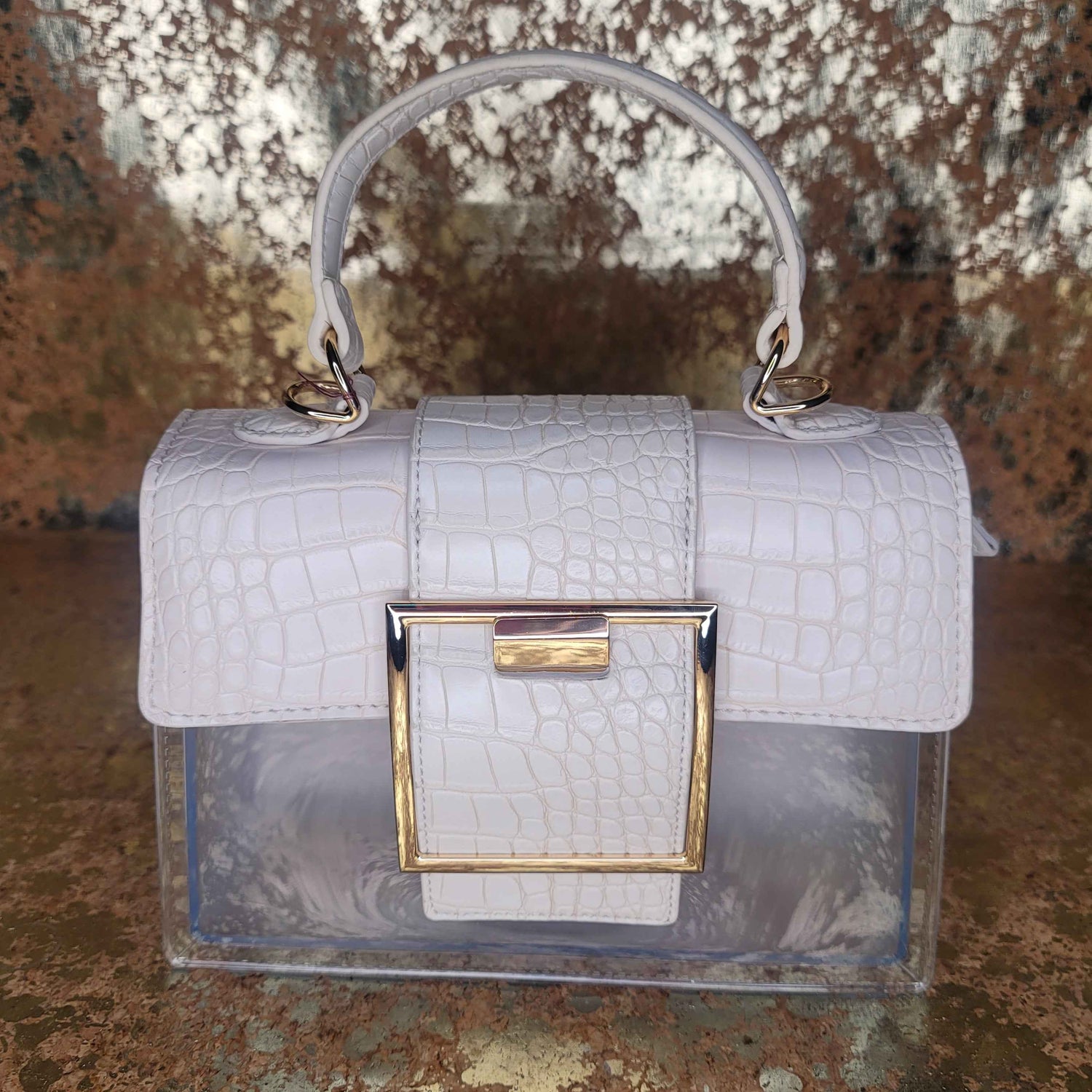 White Clear Big Buckle Bag with Extension Strap-Front view