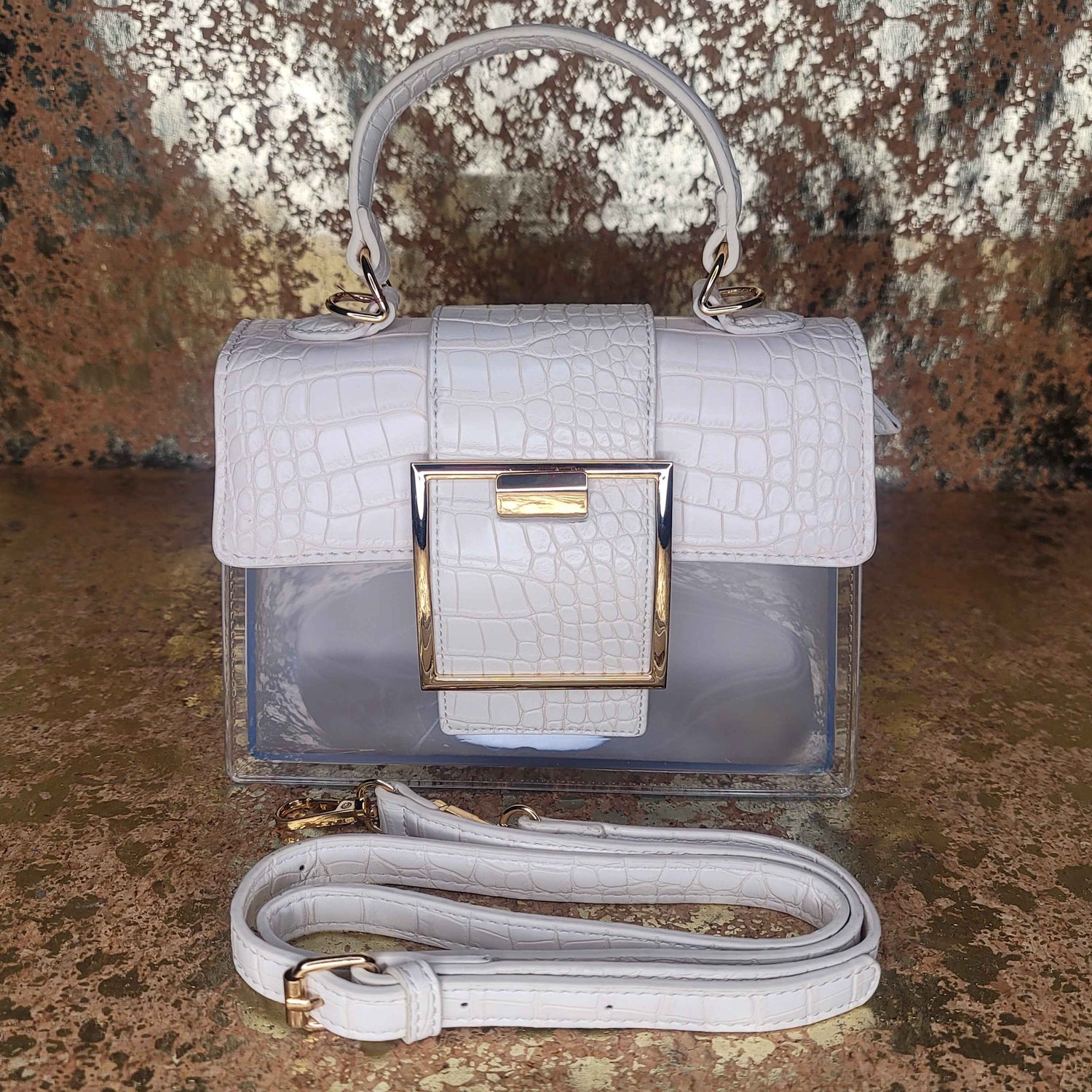 White Clear Big Buckle Bag with Extension Strap-front view 2