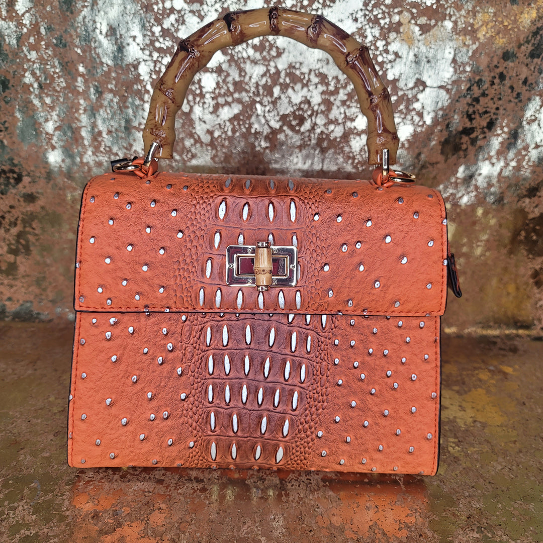 Orange Faux Croc Bag with Gold Accents & Extension Strap