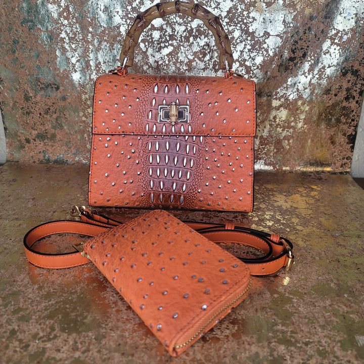 Orange Faux Croc Bag with Gold Accents & Extension Strap