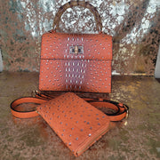 Orange Faux Croc Bag with Gold Accents & Extension Strap