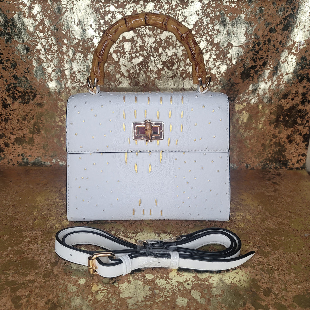 White Faux Croc Bag with Gold Accents & Extension Strap