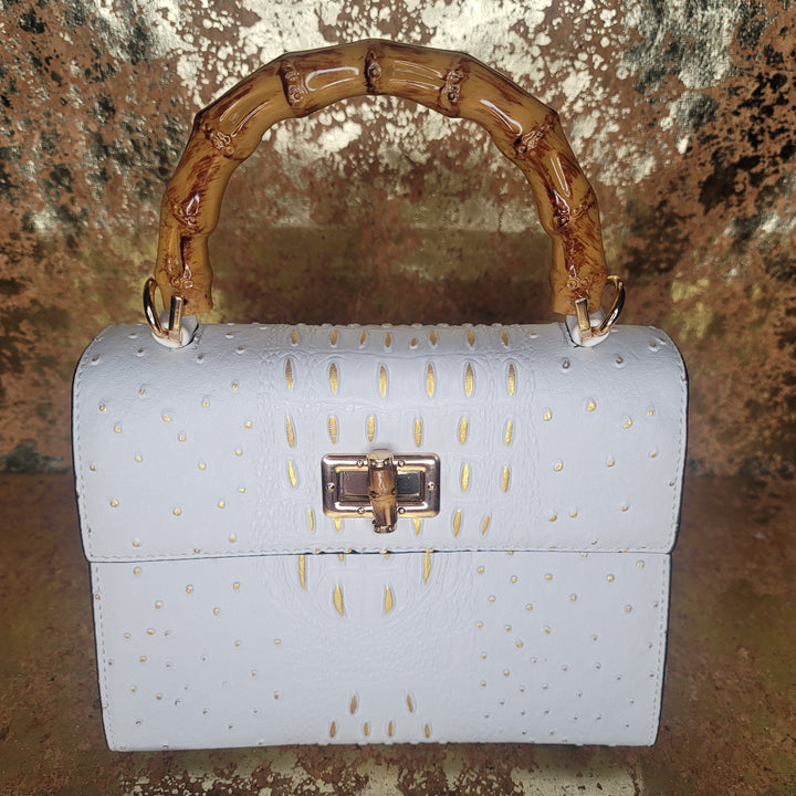 White Faux Croc Bag with Gold Accents & Extension Strap