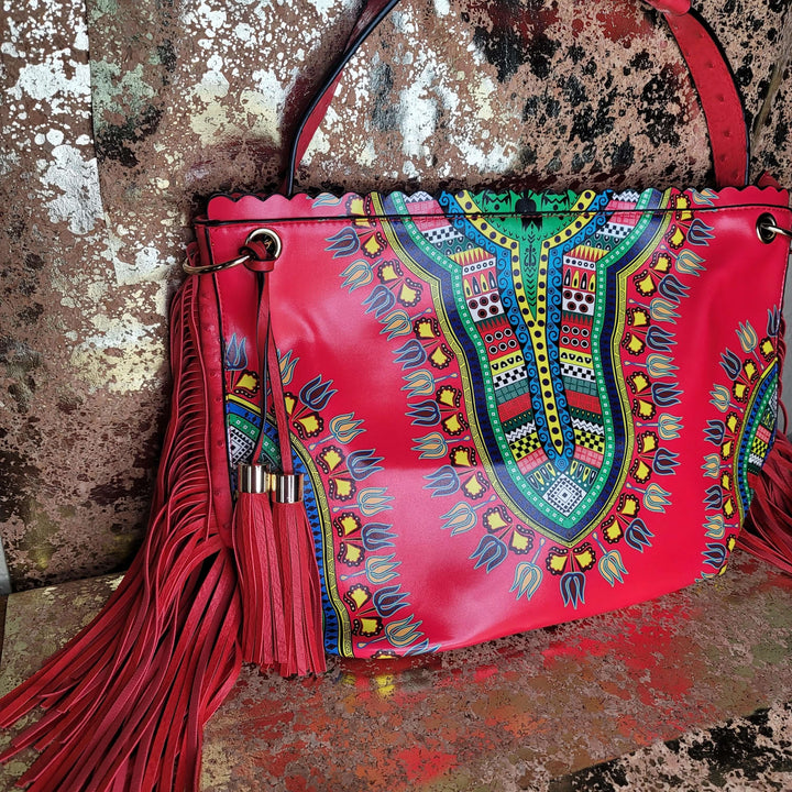 Red Dashiki Fringed ToteBag