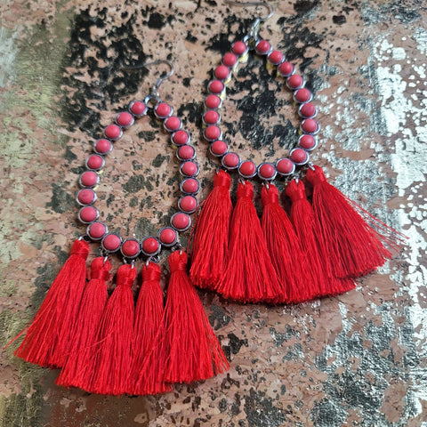 Red Beaded Tear Drop Earrings with Fringe