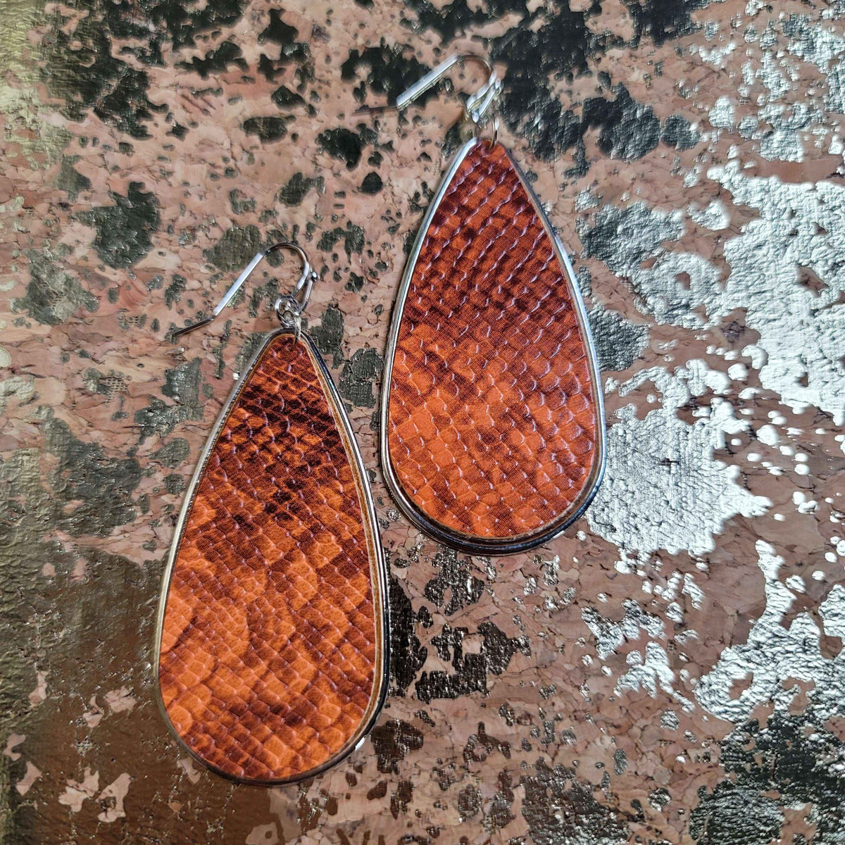 Orange & Brown Snakeskined Tear Dropped Metal Earrings