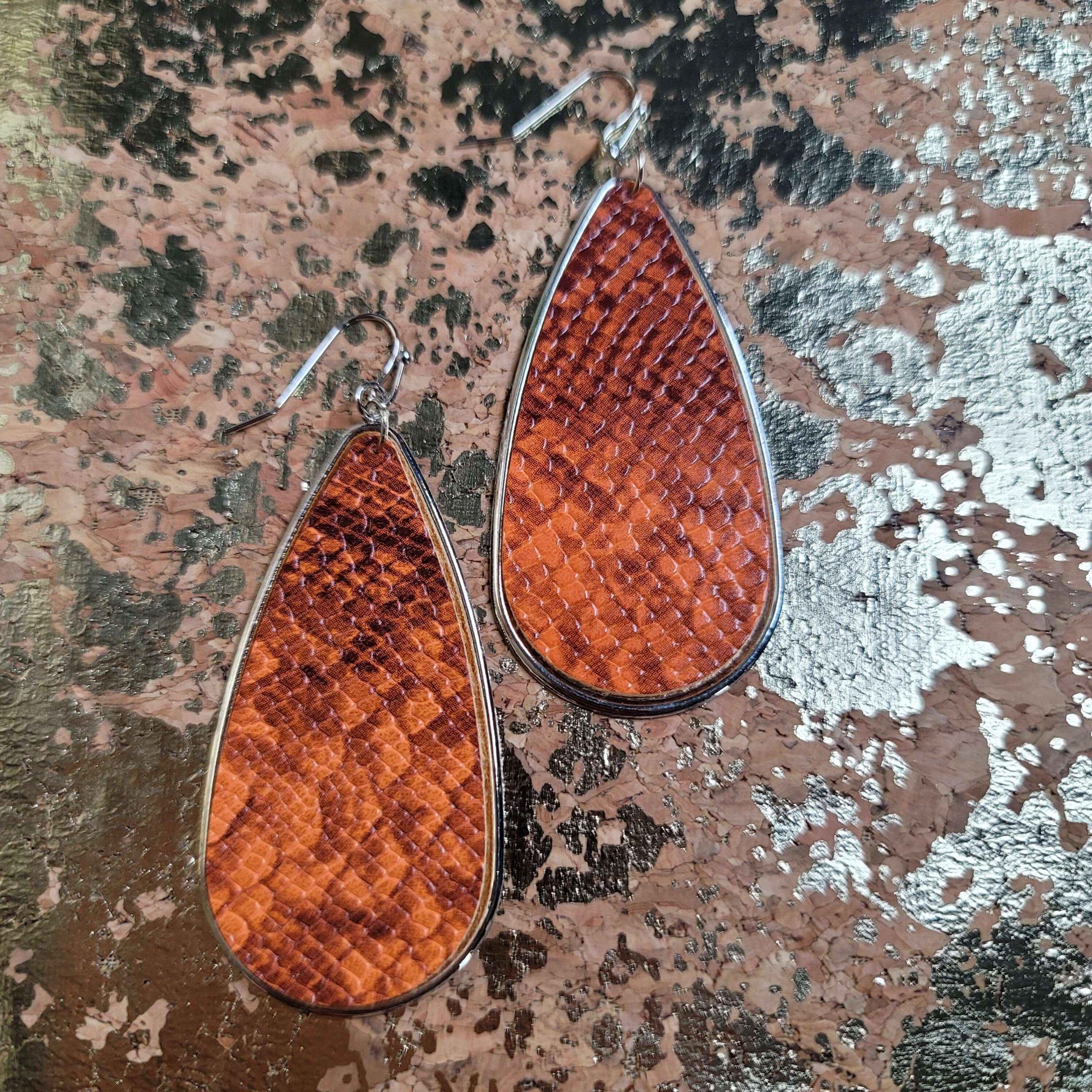 Orange & Brown Snakeskined Tear Dropped Metal Earrings