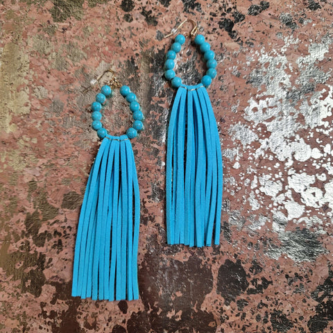 Turquoise Bead & Leather Fringed Earrings