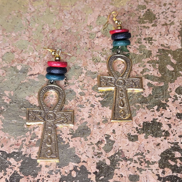 Brass Ankh Earrings w/ Beads