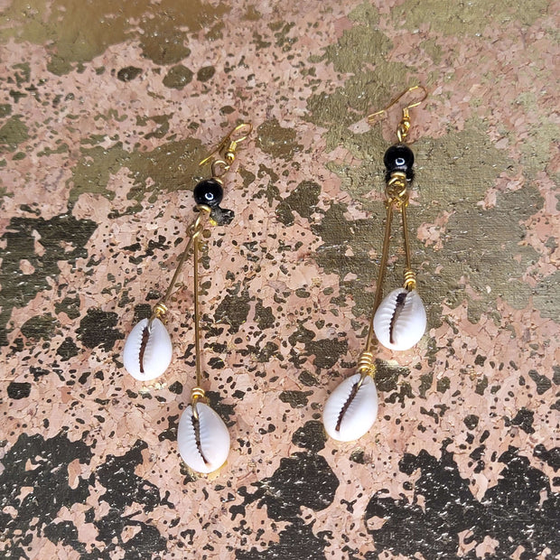 Double Cowrie Brass Dangle Earrings