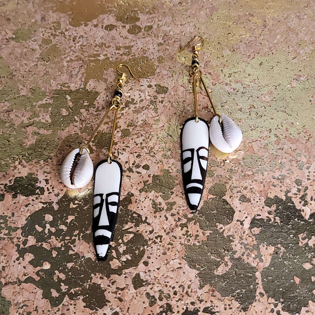 African Bone Mask & Cowrie Dangle Earrings