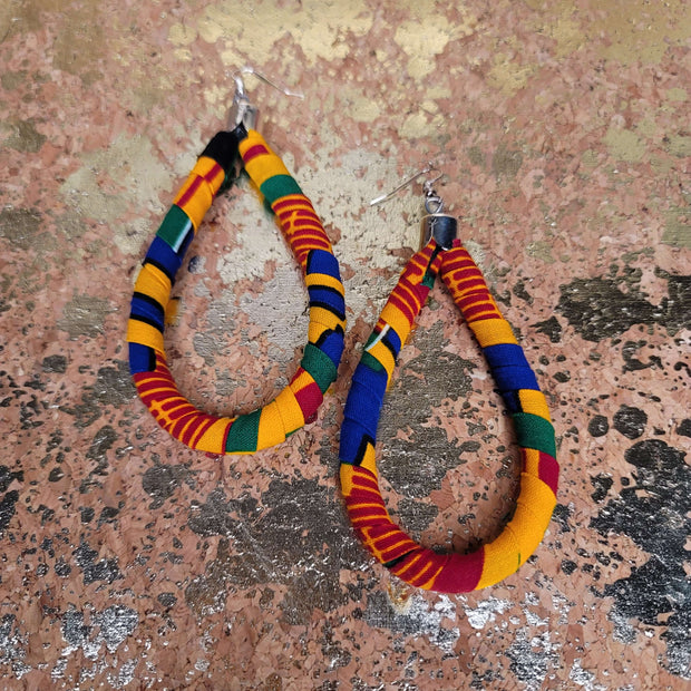 3.5" African Fabric Teardrop Hoop Earrings