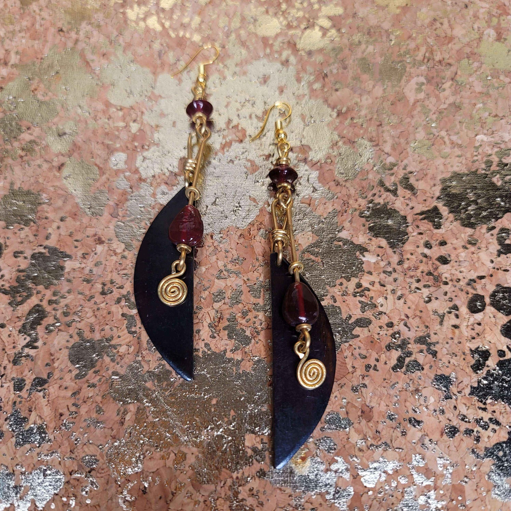 Gold Swirl & Wood Dangle Earrings